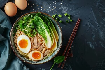 Poster - Top view of Japanese Miso Ramen with noodles egg pork and pak choi in bowl on dark background