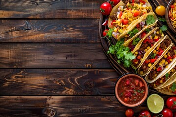 Wall Mural - Top view of Mexican food on dark wood background with copy space
