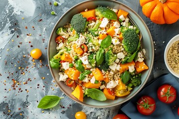 Poster - Top view of salad with couscous pumpkin broccoli feta