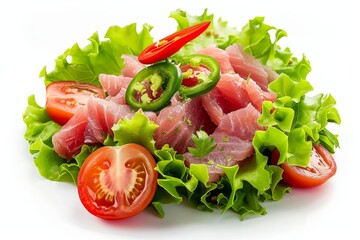 Wall Mural - Tuna salad with fresh greens and vegetables on white background
