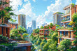 Illustration drawing of a highrise eco building development in a modern ecology conscious city with gardens and roof top plantings.