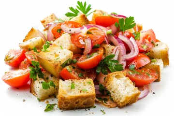 Wall Mural - Vegetarian Panzanella salad with fresh tomatoes onion and croutons White background
