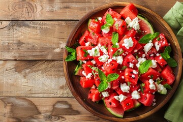 Wall Mural - Watermelon salad with feta and mint on wooden plate Top view with copy space