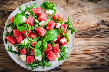 Wall Mural - Watermelon salad with feta arugula basil on wooden plate