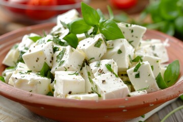Poster - White cheese salad on a table