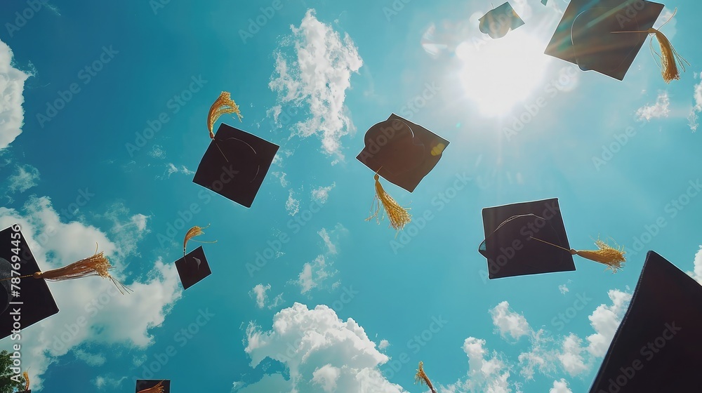 graduates student Graduation caps thrown in the Air Blue sky Stock ...