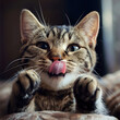 Closeup portrait of a playful domestic cat sticking out its tongue in front of its face