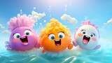 Fototapeta  - 3 cute 3D characters swimming