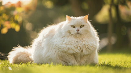  A large white cat is sitting on the grass