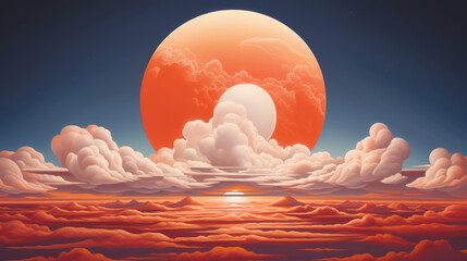 Wall Mural - A large orange sun is in the sky above a cloudy, orange sky