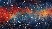 Background Of Stars In Red, Blue And Blue Fabric, In The Style Of Bold Graphic Illustrations, Distressed Materials