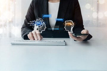 person typing message on application talking to ai or artificial intelligence, conversation with fut