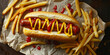 hot dog with ketchup and mustard, fries on the side, generative AI