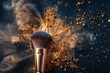 A close shot of golden powder explosion with makeup brush with a dark backdrop with a big space for text or make up product advertisement, Generative AI.