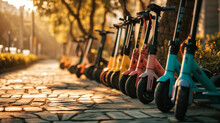 Row Of Colorful Electric Scooters For Rent On A Sunny City Sidewalk. Eco-friendly Transportation Concept With Copy Space For Design And Print.