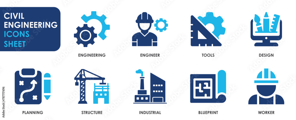 Civil Engineering icon set. Containing blueprint, engineer, tools ...