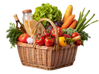 Basket full of groceries and vegetables isolated on transparent background