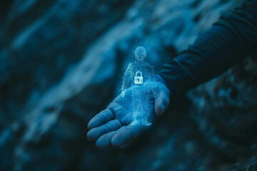 A digital person holds hand with a lock symbol, depicting online security, in a light blue shaped canvas with sharp focus. AI generative.