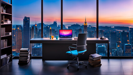 Wall Mural - Modern study decoration design, with a computer screen on the desk, office chairs next to it, and beautiful outdoor scenery outside the window