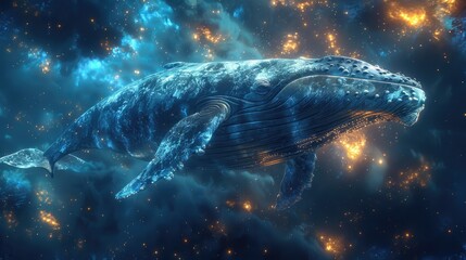  A blue whale swimming in space with stars and a colorful nebula in the background.