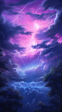 A Painting Of A Stormy Sky With Purple Clouds And A Bright Lightning Bolt