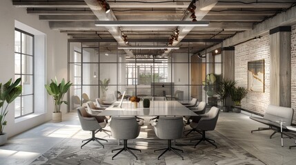 Sticker - Modern coworking office featuring a spacious meeting room with a large table, gray chairs, exposed concrete beams, and a transparent glass partition