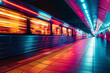 Blurred Motion of a Subway Train Speeding Through a Neon-Lit Underground Station at Night, Generative ai