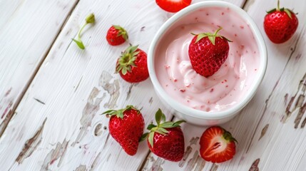 Wall Mural - strawberry yogurt with fresh strawberry in heart-like formed on wooden white background