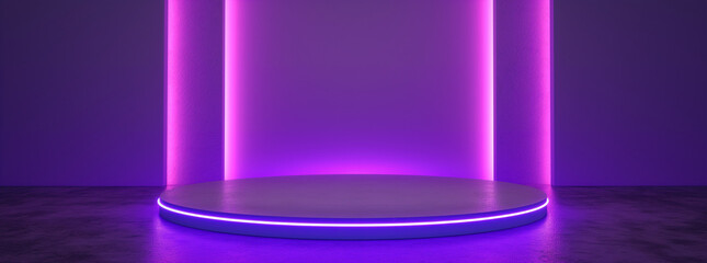A round podium in front of a purple wall with neon lights, an empty room background for product presentation