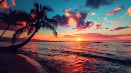 Wall Mural - Tropical beach sunset with palm trees