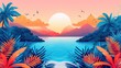 Vibrant tropical sunset illustration with lush foliage, serene ocean waves, and birds soaring in the colorful skies expressing tranquility and nature's beauty