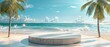 Portrait of a beach with podium and coconut leaves as decoration with a big space for text or summer  product advertisement, Generative AI.