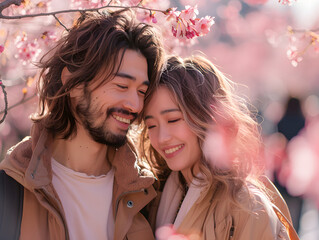 A asian couple stand near each other, smiling. They are wearing luxury coats. Background is japan mountain, landmarks and cherry blossoms.