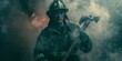 A stoic firefighter, axe in hand, stands in smoke as a symbol of courage, bravery, and danger