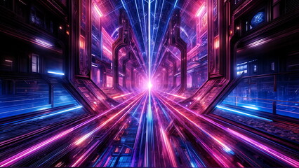 Wall Mural - Futuristic tunnel of light in a cyberpunk, Blue and pink flash neon of urban night cityscape background