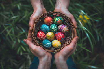 Close-up of a girl's hands is holding a basket full with pastel colorful Easter eggs with cute patterns on blurred background.