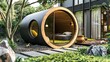 Portrait of a modern mini pet house design outside in lawn or garden with a big space for text or product advertisement, Generative AI.