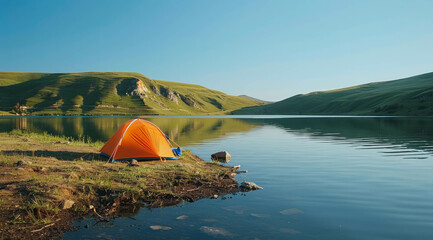 Wall Mural - Discover tranquility at a serene lake as an orange tent stands on its shore amidst green hills, basking in the golden hour glow under a clear blue sky. AI generative.