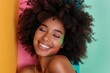 Happy young woman with afro hairstyle against colored background - generative ai