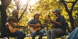 Three people playing acoustic guitars and enjoying music together with a nature background