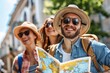 © Kuman Studio - Happy traveling tourists sightseeing with map and having fun, Generative AI