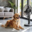 © ALLAI - A relaxed golden retriever enjoying a breeze from a standing fan indoors.
