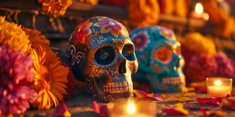 vibrant dia de muertos skulls with floral decoration sit among candles, creating a culturally rich b