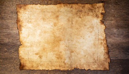 Wall Mural - An aged papyrus manuscript, unrolled, displaying a textured surface with dark spots on a wooden background.