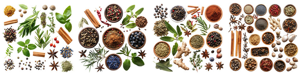 Top view of Herbs and spices   On A Clean White Background Soft Watercolour Transparent Background
