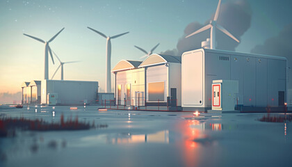 A wind farm with a red C on a white building by AI generated image