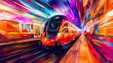 Midnight Train Captured In A Cascade Of Colorful, Overlapping Geometric Shapes, Creating Dynamic Movement