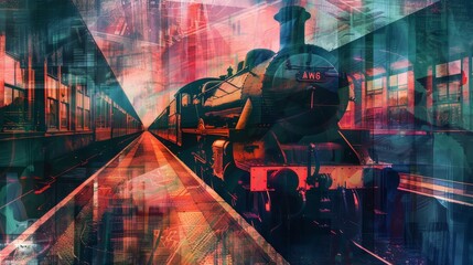 An abstract steam train, portrayed through a series of overlapping, vibrant shapes, evoking the allure of night travel