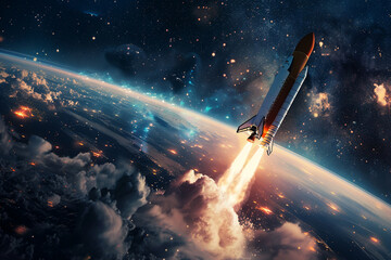 Wall Mural - Rocket rising into space and Evaluate product performance with digital graphs.