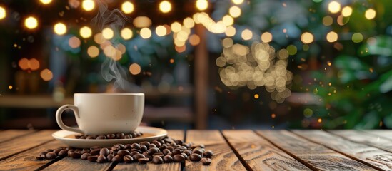 Wall Mural - A steaming coffee cup and freshly roasted coffee beans are placed on a wooden table, set against the backdrop of a cozy coffee shop with plenty of space for text.